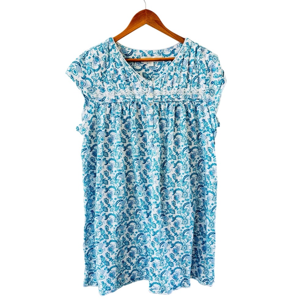 Eileen West Knit Chemise Nightgown XL Blue Botanical Cotton Lace Trim Cottage